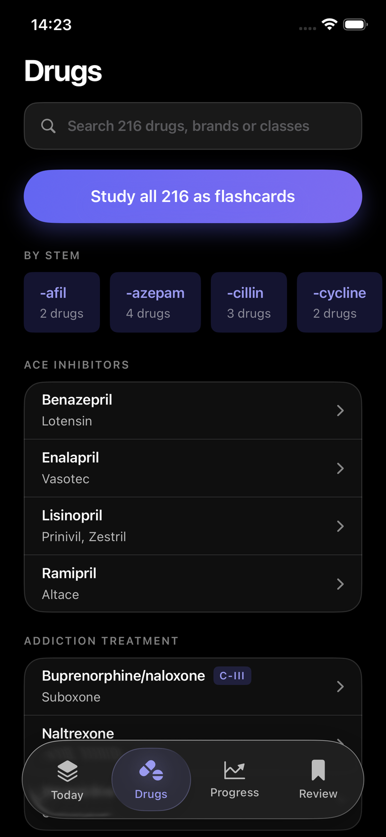 The Drugs screen in dark mode, showing a searchable library of 216 drugs grouped by stem and by class.