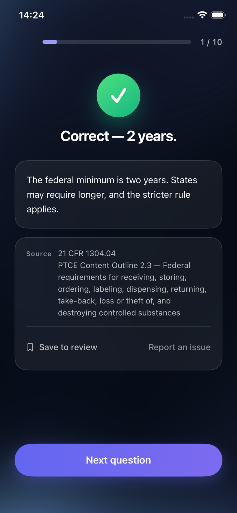 An answer explanation in dark mode, with the federal regulation and PTCE content outline reference printed beneath it.