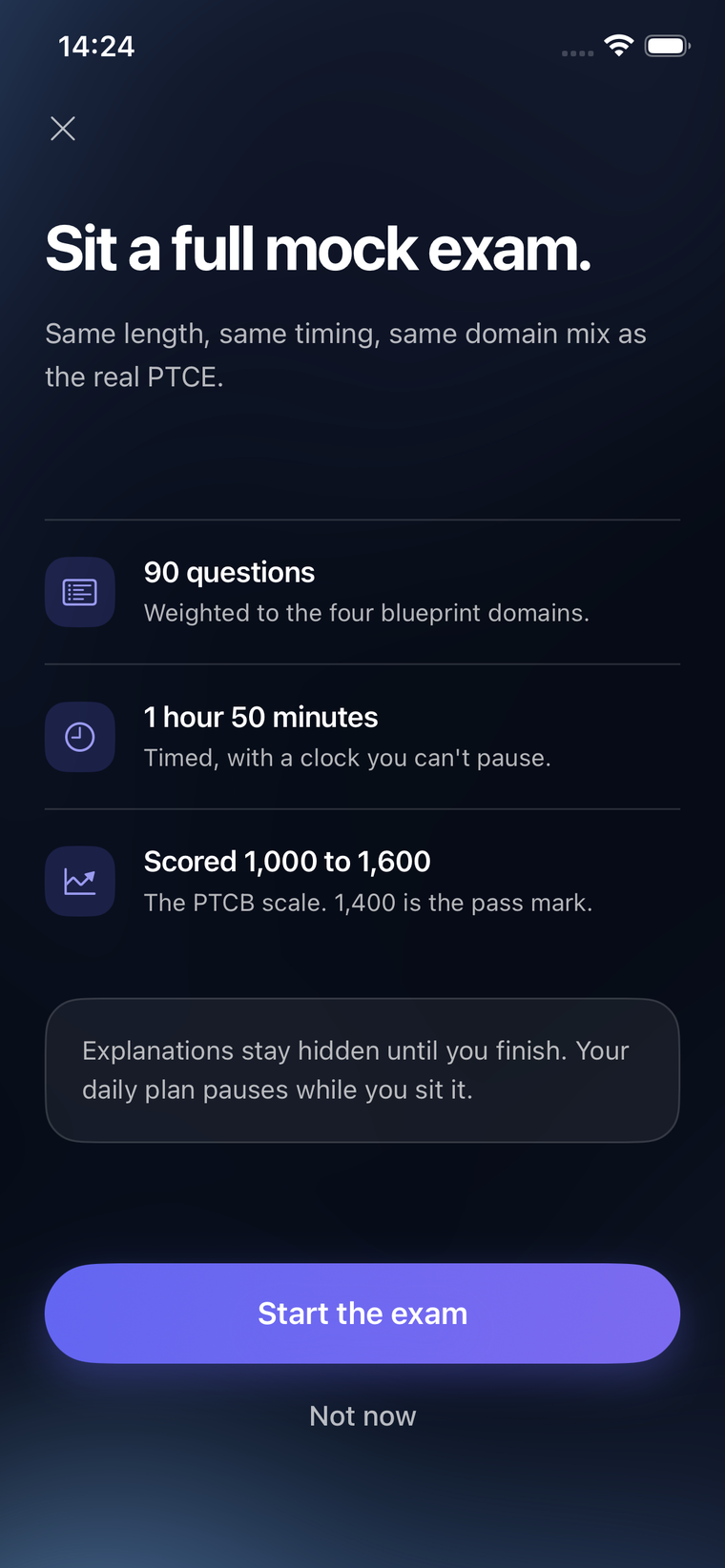The mock exam start screen in dark mode: 90 questions, 1 hour 50 minutes, scored on the PTCB's 1,000 to 1,600 scale.