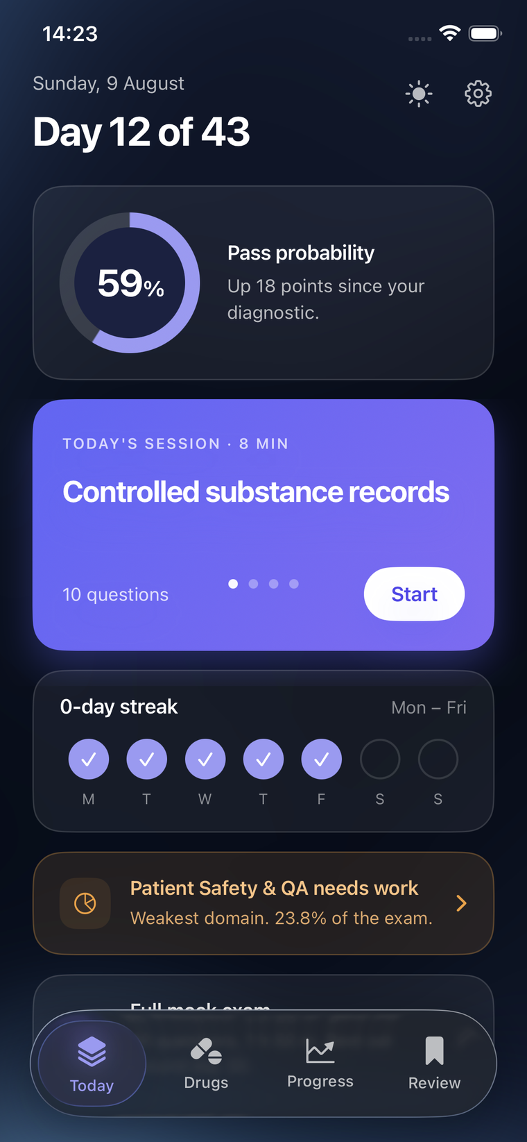 The Today screen in dark mode, showing a pass probability, the day's session, the week's study days and the tab bar.